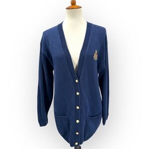Vintage Charter Club Navy Long Cardigan Gold Crest Emblem